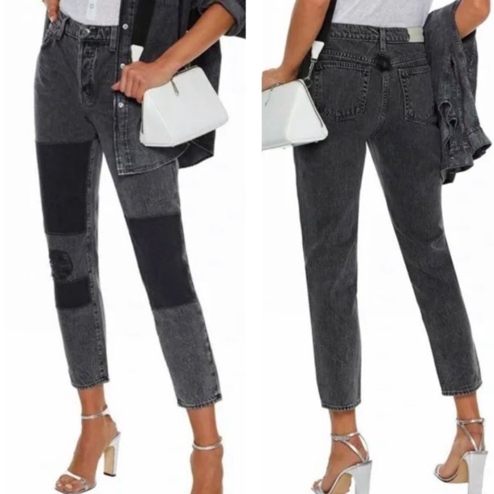 IRO Jeans Lep Patchwork Distressed High Rise Ankle Jeans Black Wash Size 25